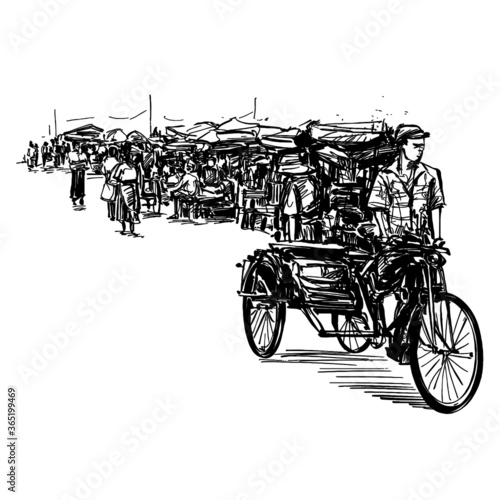 Drawing of the rickshaw at local market in Myanmar 