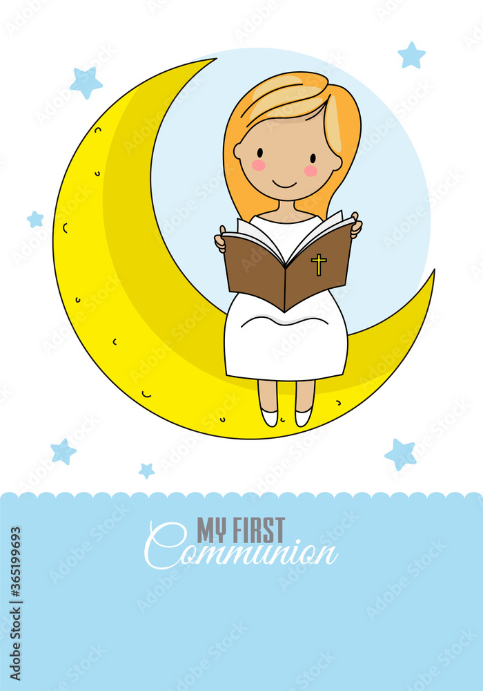 Invitation my first communion. Girl sitting on the moon reading the bible. Invitation my first communion. Girl sitting on the moon reading the bible.