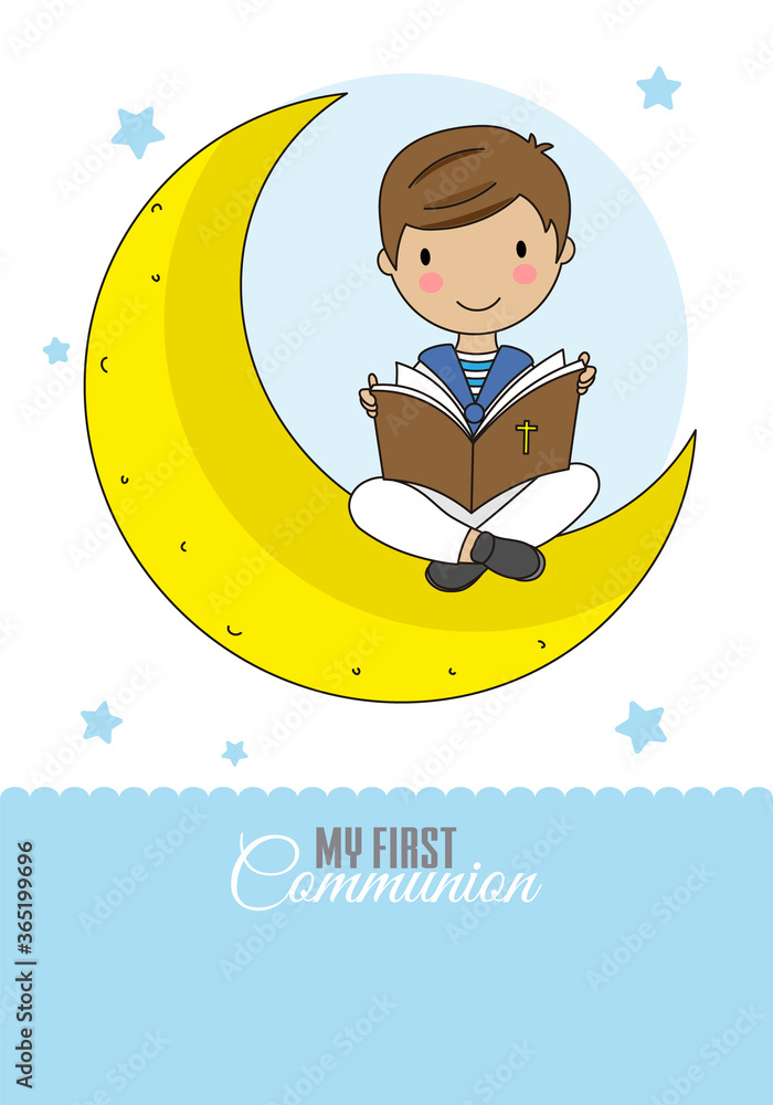Invitation my first communion. Boy sitting on the moon reading the bible. Invitation my first communion. Boy sitting on the moon reading the bible.