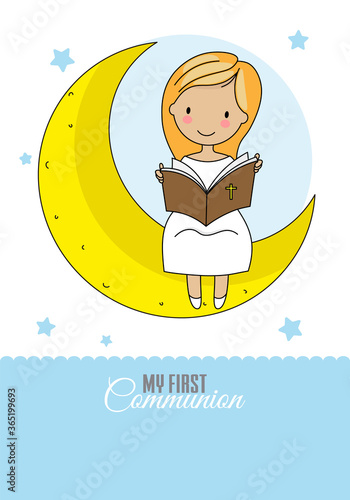 Invitation my first communion. Girl sitting on the moon reading the bible.