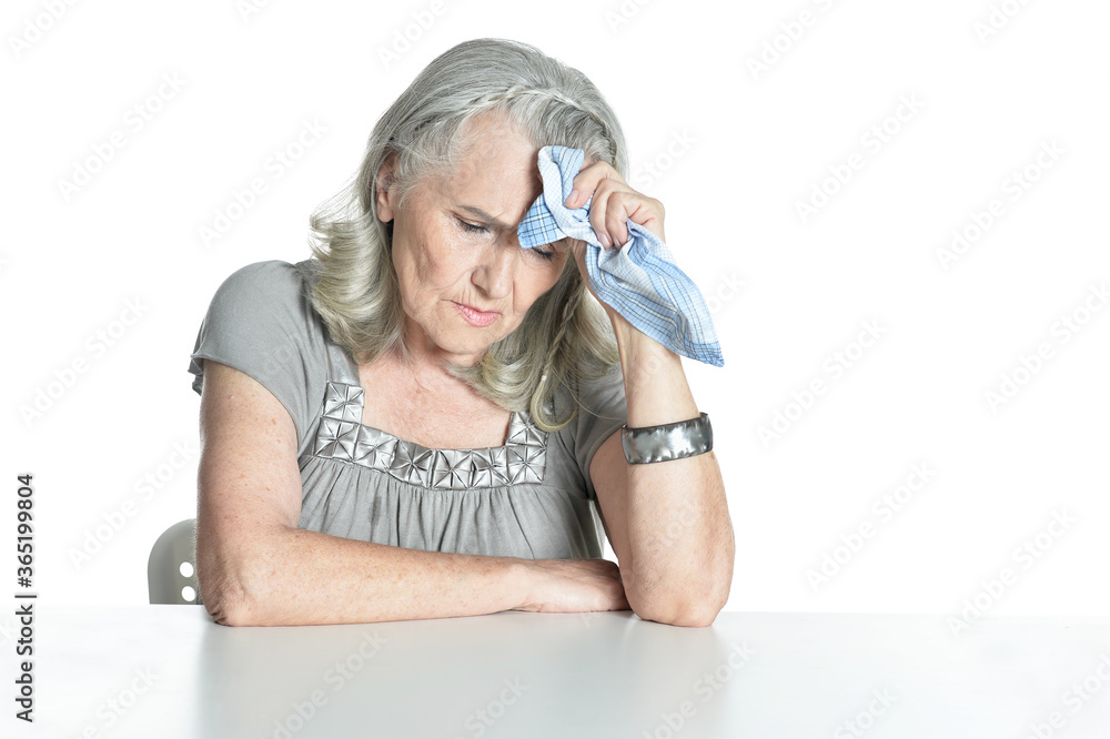 Ill senior woman posing isolated on white background Ill senior woman posing isolated on white background