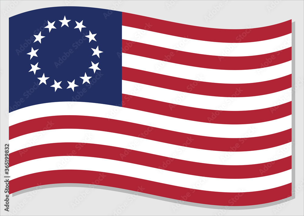 Obraz premium Waving flag of United States vector graphic. First waving American flag illustration called Betsy Rose. United States country flag wavin in the wind is a symbol of freedom and independence.