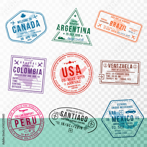 Set of travel visa stamps for passports. Abstract international and immigration office stamps. Arrival and departure visa stamps to American countries - USA, Canada, Brazil, Mexico