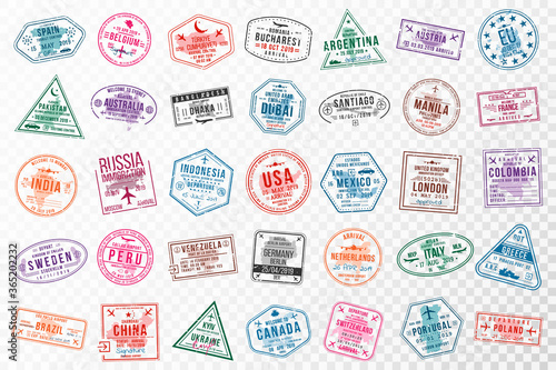 Set of travel visa stamps for passports. Abstract international and immigration office stamps. Arrival and departure visa stamps to Europe, America, Asia and Australia