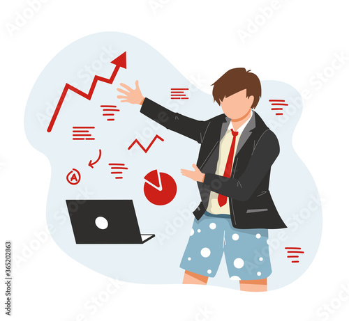 Business man and girl in suit and tie with pants making presentation explaining charts on a white board. freelancer, work at home. flat style vector illustration isolated on a white background