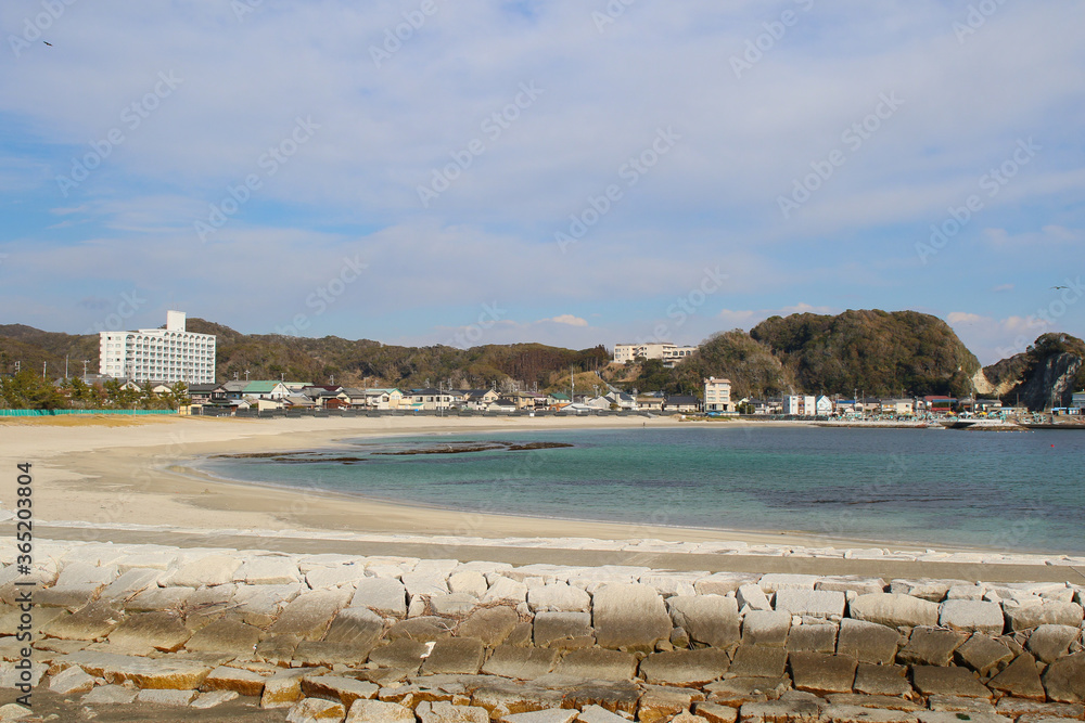 Okitsu Beach in Katsuura, Chiba, Japan is a popular spot in the summer to spend a beach vacation in Japan