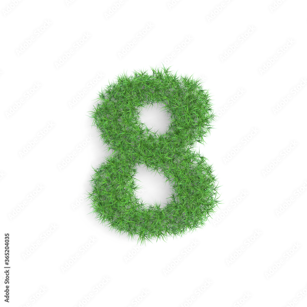 8 eight number symbol made of green grass isolated on white background, part of the set. Sustainable technology or lifestyle related 3d rendering 8 eight number symbol made of green grass isolated on white background, part of the set. Sustainable technology or lifestyle related 3d rendering