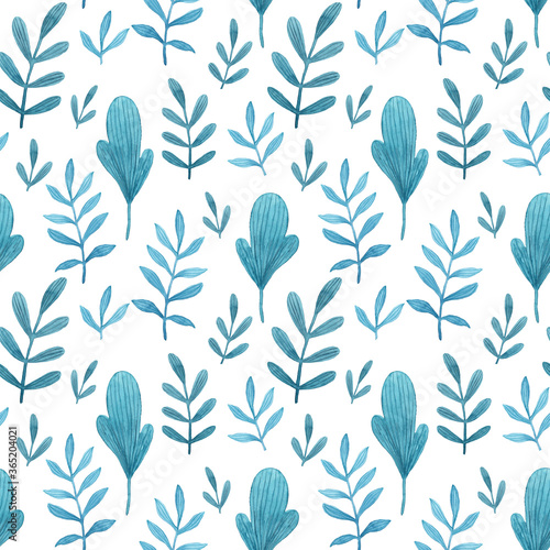 Seamless pattern with blue hand painted watercolor floral elements © Daria Doroshchuk