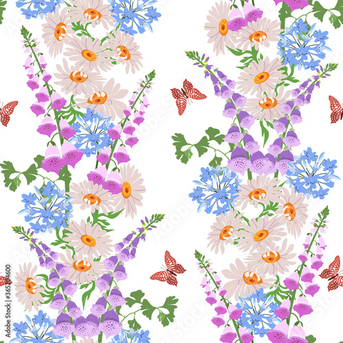 Wild Flowers, butterflies on a white background. Seamless vector illustration.