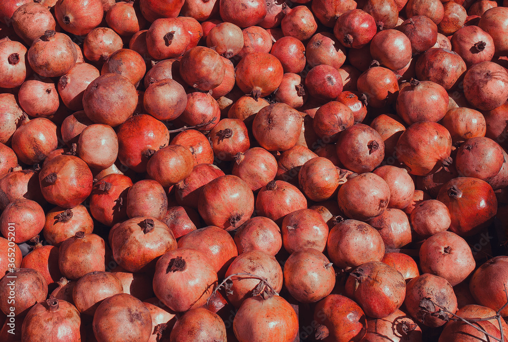 Background of red pomegranates on the market Background of red pomegranates on the market