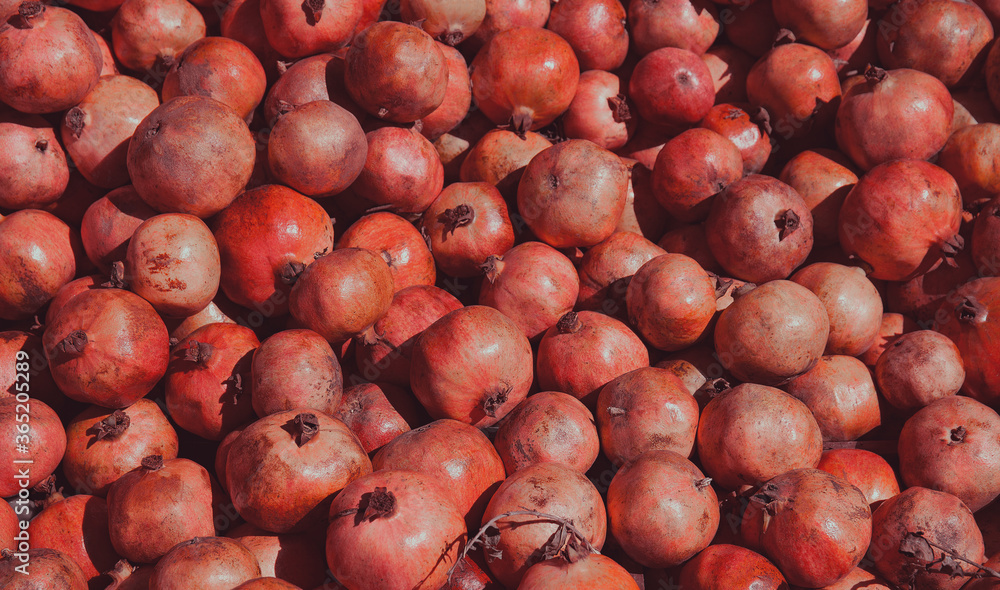 Background of red pomegranates on the market Background of red pomegranates on the market