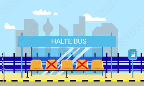 vector Illustration of social distancing rules for seating at bus stops, the new normal concepts.