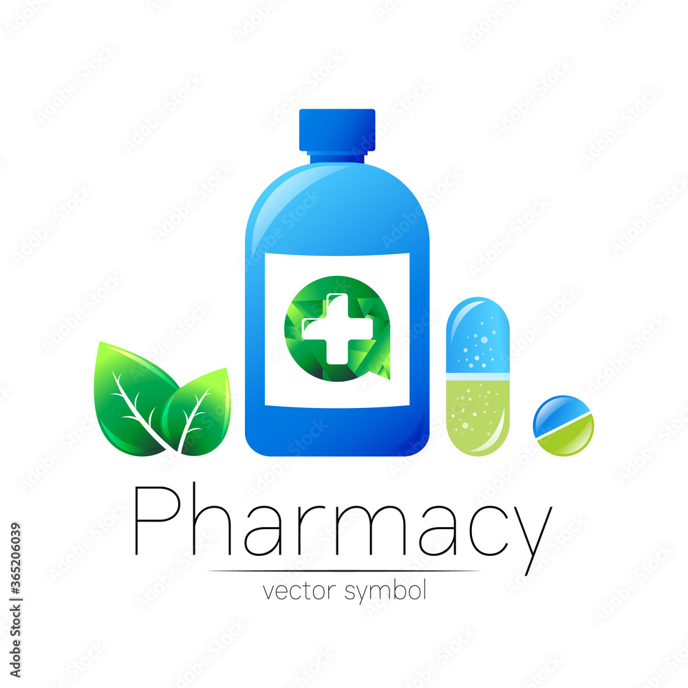 Pharmacy vector symbol of blue bottle with cross and pill tablet capsule and leaf for pharmacist, pharma store, doctor and medicine. Modern design vector logo on white background. Pharmaceutical icon Pharmacy vector symbol of blue bottle with cross and pill tablet capsule and leaf for pharmacist, pharma store, doctor and medicine. Modern design vector logo on white background. Pharmaceutical icon