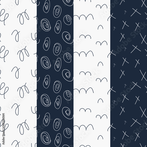 A set of four seamless abstract patterns hand-drawn
