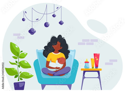 Breastfeeding concept. Black woman feeding a baby with breast, sitting on armchair. World breastfeeding day. Vector illustration in flat style. 