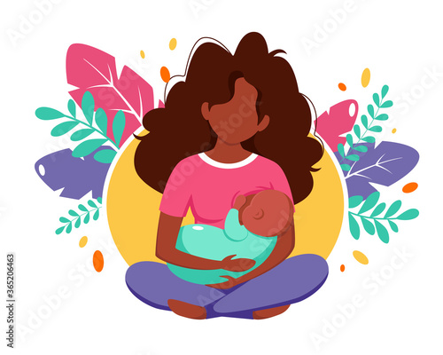 Breastfeeding concept. Black woman feeding a baby with breast on leaves background. Vector illustration in flat style.