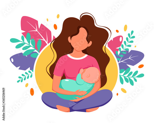 Breastfeeding concept. Woman feeding a baby with breast on leaves background. Vector illustration in flat style.