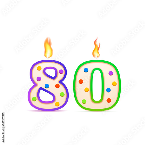 Eighty years anniversary, 80 number shaped birthday candle with fire on white