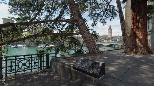 Zurich Münsterbrück Limmat River and St. Peters Church