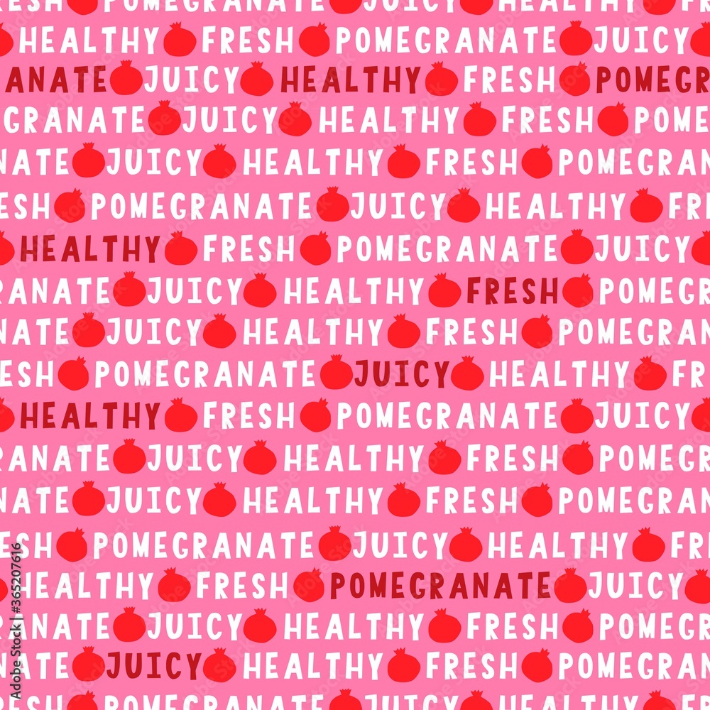 Pomegranate seamless pattern with juicy, healthy, fresh white lettering rows on a bold pink background with tiny fruit shapes. Pomegranate seamless pattern with juicy, healthy, fresh white lettering rows on a bold pink background with tiny fruit shapes.
