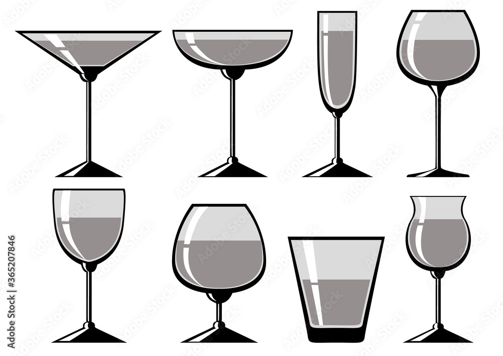 Set of glasses of different shapes. Vector illustration. Set of glasses of different shapes. Vector illustration.