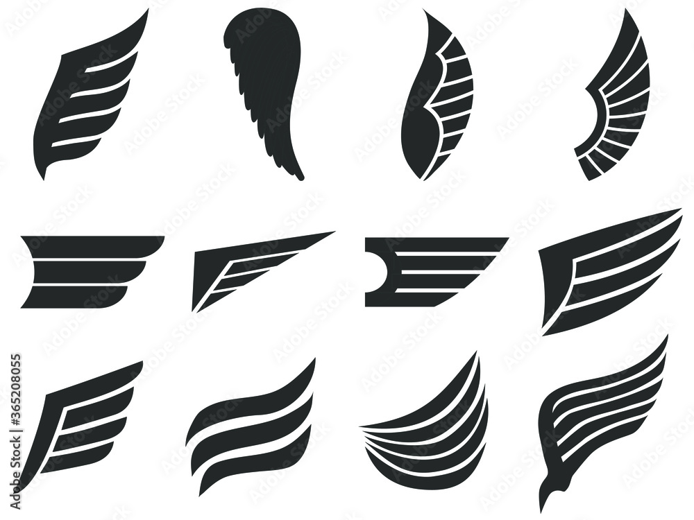 Wings vector icons. Set of universal logo, black silhouettes isolated on white. Symbol of freedom, independence or flight. Tattoo element template. Different types and shapes of wings. Wings vector icons. Set of universal logo, black silhouettes isolated on white. Symbol of freedom, independence or flight. Tattoo element template. Different types and shapes of wings.