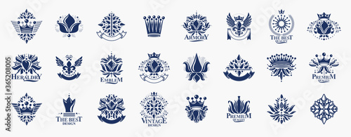 De Lis and crowns vintage heraldic emblems vector big set, antique heraldry symbolic badges and awards collection with lily flower symbol, classic style design elements, family emblems.