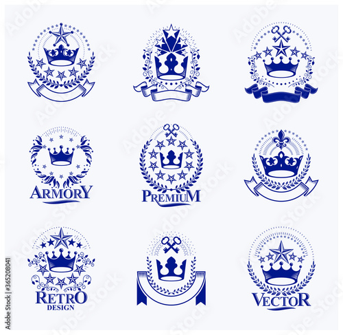 Majestic Crowns emblems set. Heraldic Coat of Arms decorative logos isolated vector illustrations collection.