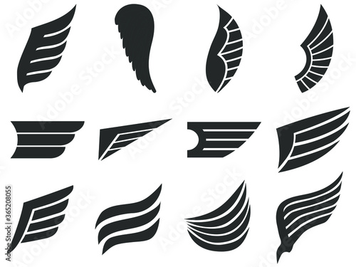 Wings vector icons. Set of universal logo, black silhouettes isolated on white. Symbol of freedom, independence or flight. Tattoo element template. Different types and shapes of wings.
