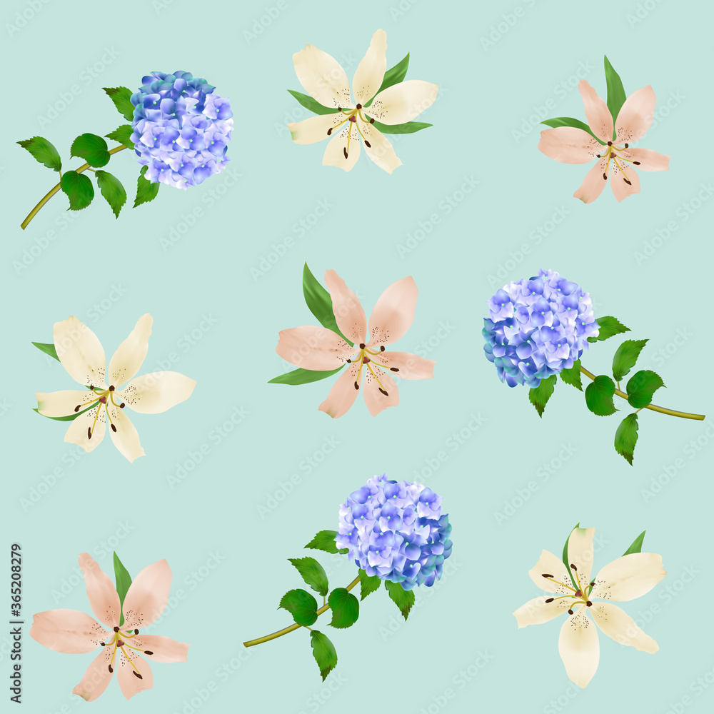 Delicate lilies and hydrangeas on a green background. Vector illustration, can be used as seamless for fabric decoration, packaging. Delicate lilies and hydrangeas on a green background. Vector illustration, can be used as seamless for fabric decoration, packaging.