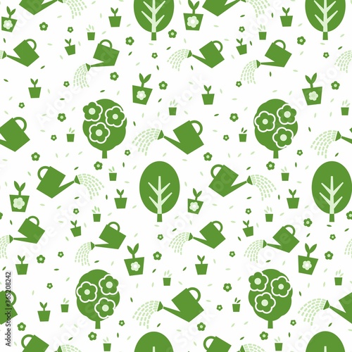 Fruit garden care seamless pattern with watering can, flowering trees and blossoms vector clipart.