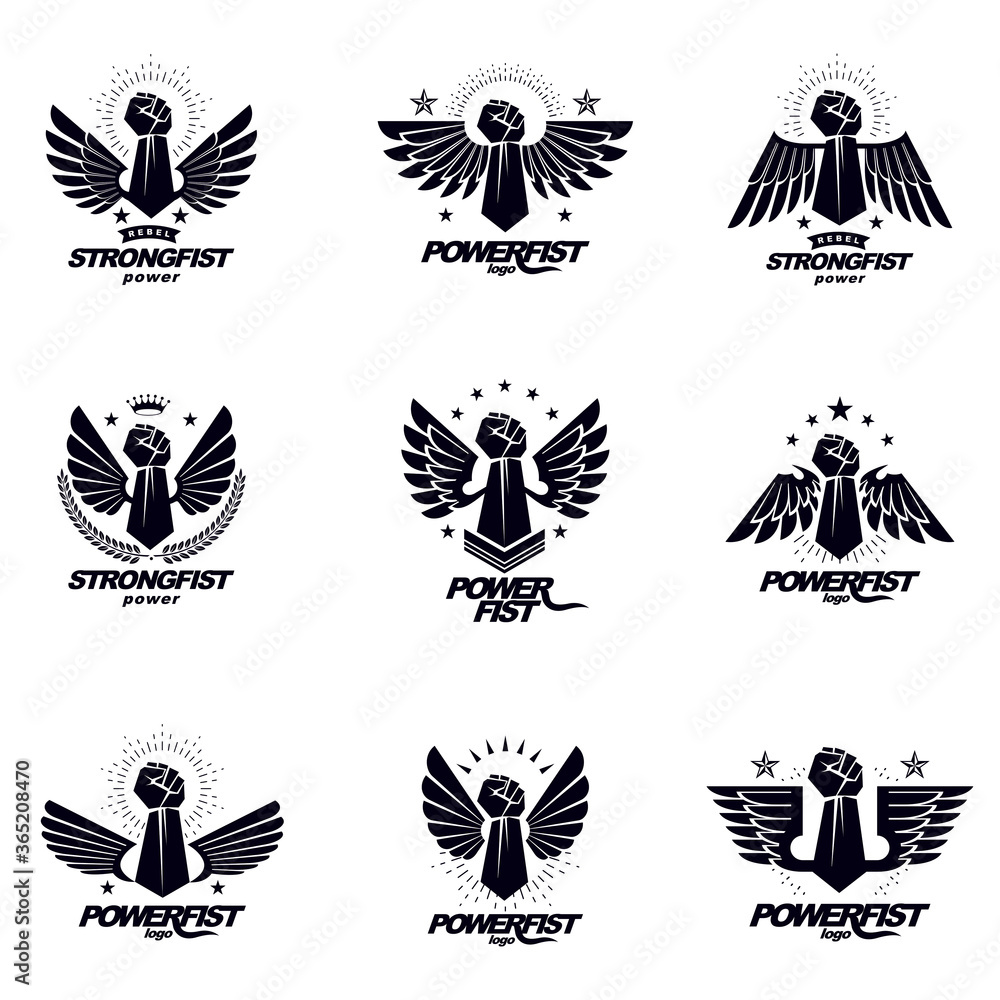 Fototapeta premium Set of vector symbols created with clenched fist of athletic man, eagle wings, pentagonal stars and different graphic elements. Best fighter vector emblems, champion concept.