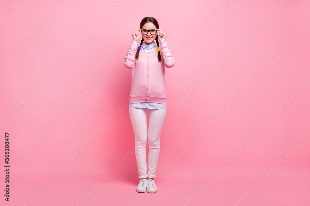 Full length body size view of her she nice attractive lovely pretty cute smart clever cheerful cheery girl geek wearing touching specs isolated over pink pastel color background Full length body size view of her she nice attractive lovely pretty cute smart clever cheerful cheery girl geek wearing touching specs isolated over pink pastel color background