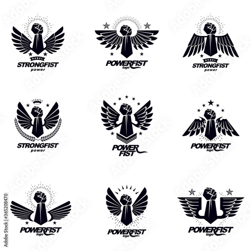 Set of vector symbols created with clenched fist of athletic man, eagle wings, pentagonal stars and different graphic elements. Best fighter vector emblems, champion concept.