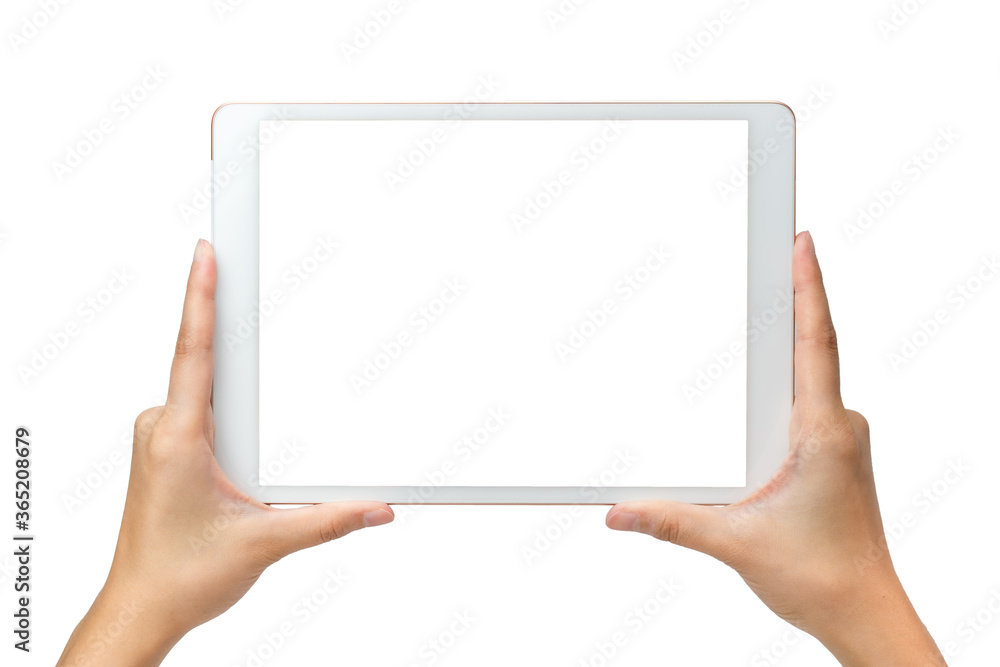 Technology business concoept: A busuness Woman hold a mockup white tablet on white background with clipping path of screen.