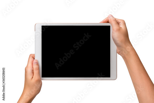 Technology business concoept: Two hands hold a mockup white tablet on white background with clipping path of screen.