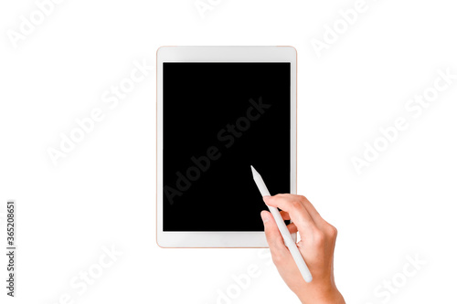 Technology business concoept: Hand using digital pencil for writing or drawing with mock up tablet on white background and clipping path