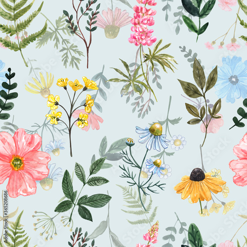 Summer floral seamless pattern with wild flowers on pastel blue background. W...