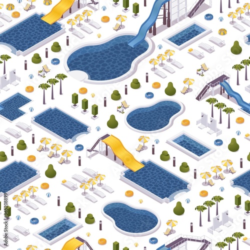 Seamless isometric pattern with water pools. Aqua park slides and loungers on white background. Vector concept scene with palms and umbrellas