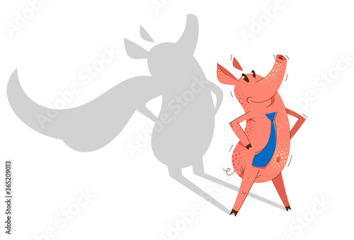 Funny cartoon businessman pig wearing a tie and stands confident like a superhero, business man swine humorous illustration, animal character drawing vector.