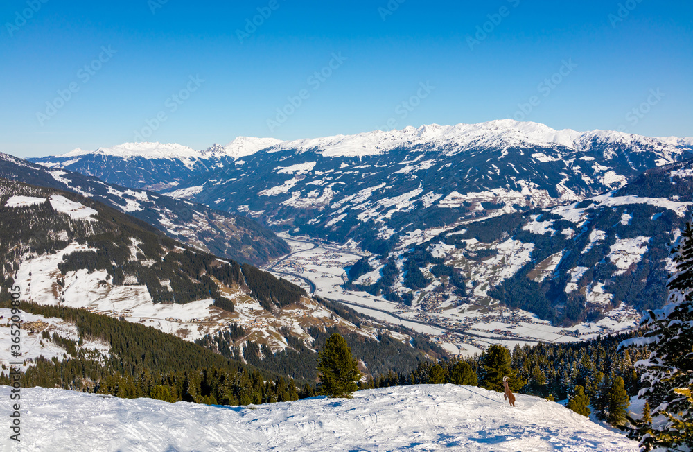 Aerial view of Mayrhofen village in Austrian alps from ski slope. 