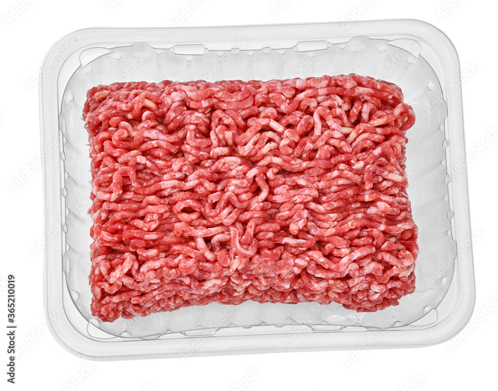 Raw minced meat in a studio setting, isolated on white