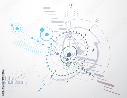 Mechanical scheme, vector engineering drawing with circles and geometric parts of mechanism. Technical plan can be used in web design and as wallpaper or background.