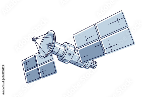 Artificial orbital satellite floating in weightlessness in open space, spacecraft space station, science and communication technology. Thin line 3d vector illustration isolated on white background.
