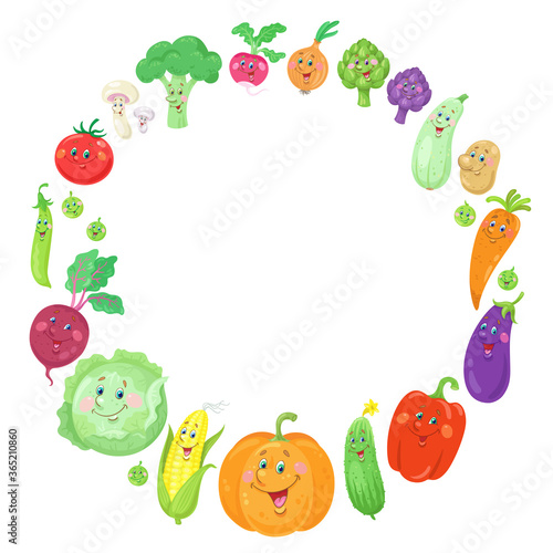 A set of funny vegetables arranged in circle. In cartoon style. Isolated on white background. Place for your text. Vector flat illustration