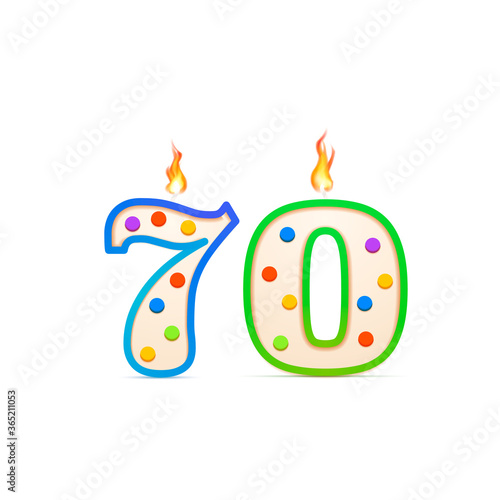 Seventy years anniversary, 70 number shaped birthday candle with fire on white