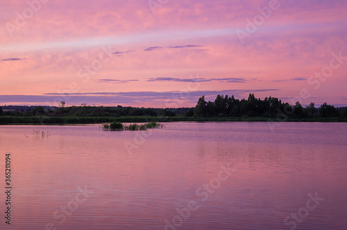 Beautiful pink vibrant sunset on a forest lake