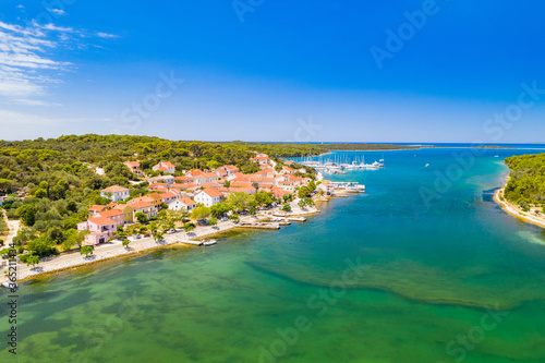 Town of Veli Rat and waterfront on Dugi Otok island on Adriatic seascape in Croatia, aerial view 