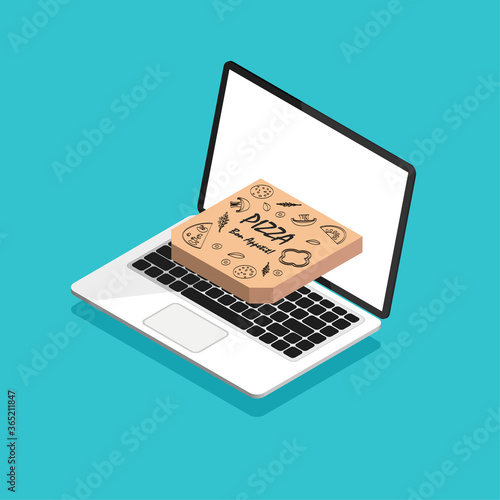 Online pizza order and delivery concept. Order fast food online. Isometric laptop with pizza in a box.	
