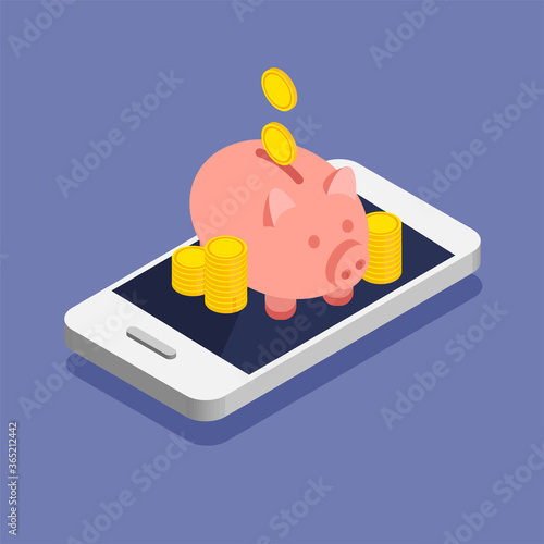 Gold coins and piggy bank in a trendy isometric style.  Stack or pile of money on a smartphone. Online deposit in your phone. Vector illustration.